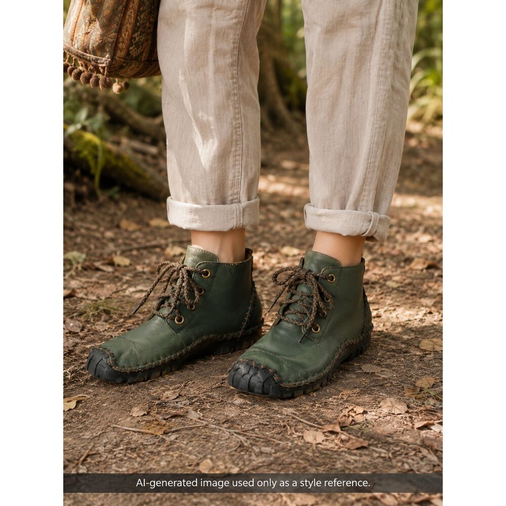Geaino Handmade Green Leather High Top Ankle Shoes Hiking Renaissance Size 38 EU